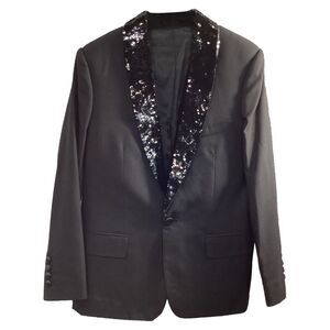 Celine Sequin Detail Shawl Blazer in Black Wool